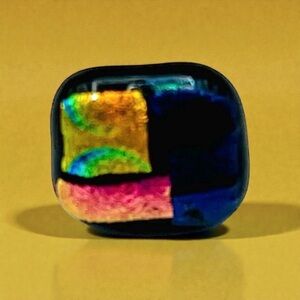 Colorful Dichroic Glass Square Tack Lapel Pin Handcrafted Blue Yellow Pink Black